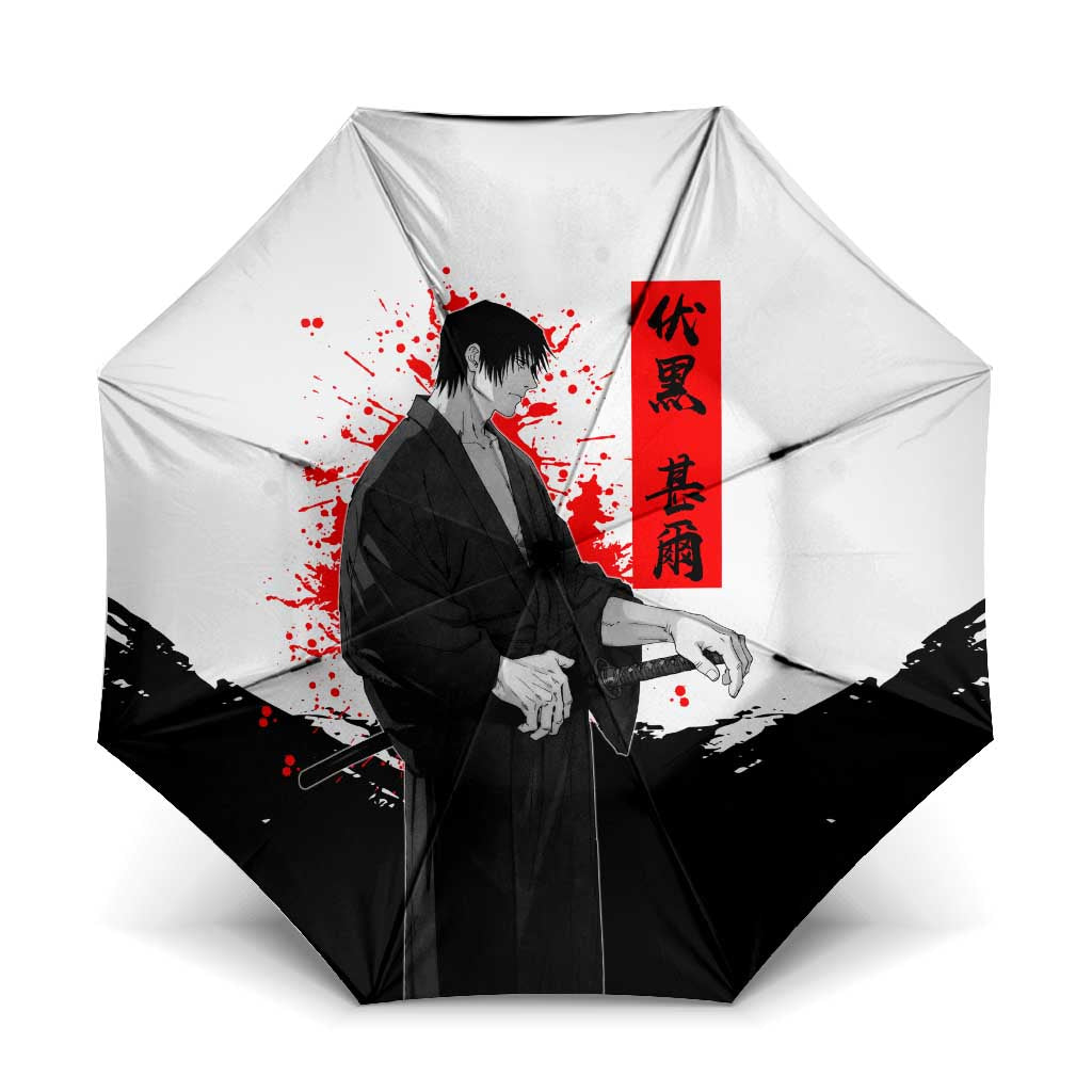 Toji Fushiguro Jujutsu Kaisen Samurai Theme Umbrella with Katana, Red Kanji and Oni Mask Artwork - The Mazicc
