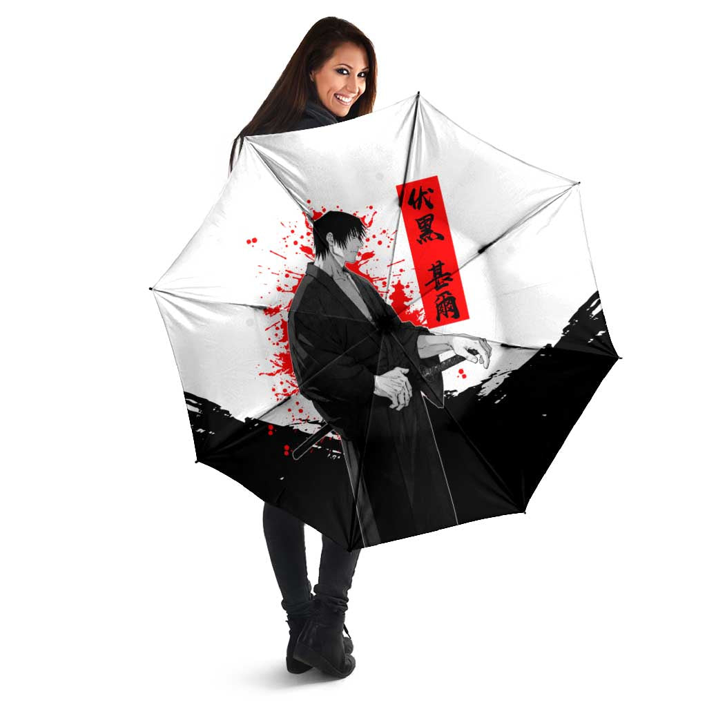 Toji Fushiguro Jujutsu Kaisen Samurai Theme Umbrella with Katana, Red Kanji and Oni Mask Artwork - The Mazicc