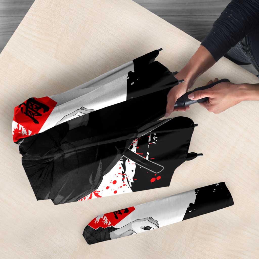 Toji Fushiguro Jujutsu Kaisen Samurai Theme Umbrella with Katana, Red Kanji and Oni Mask Artwork - The Mazicc