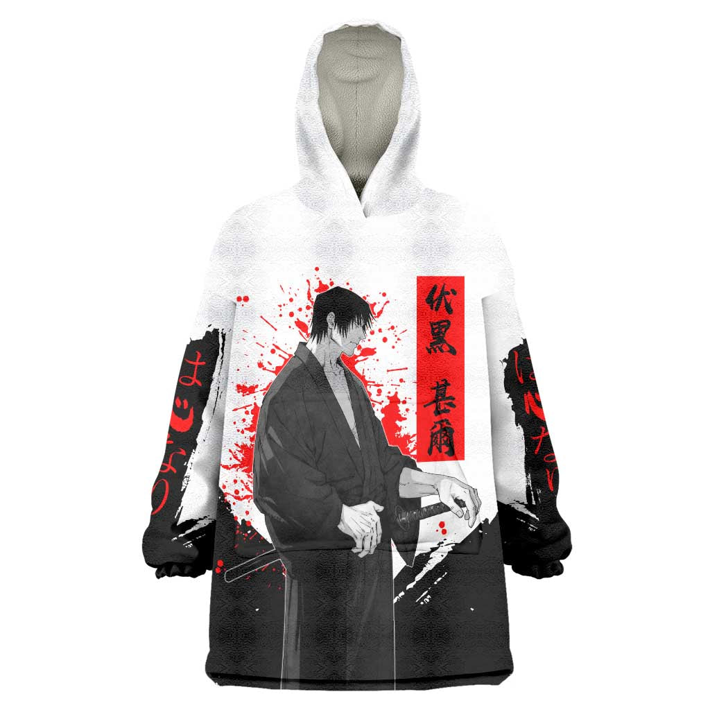 Toji Fushiguro Jujutsu Kaisen Samurai Theme Wearable Blanket Hoodie with Katana, Red Kanji and Oni Mask Artwork - The Mazicc