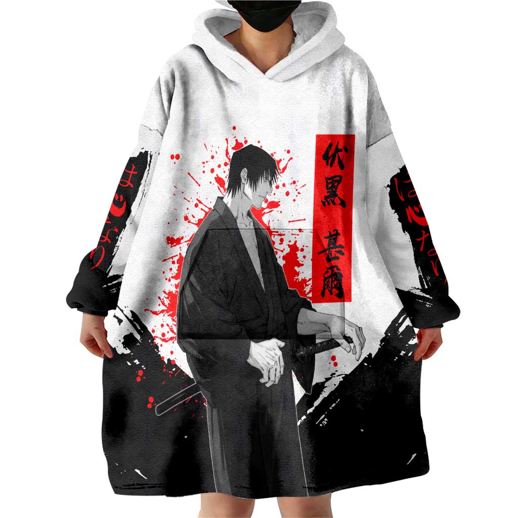 Toji Fushiguro Jujutsu Kaisen Samurai Theme Wearable Blanket Hoodie with Katana, Red Kanji and Oni Mask Artwork - The Mazicc