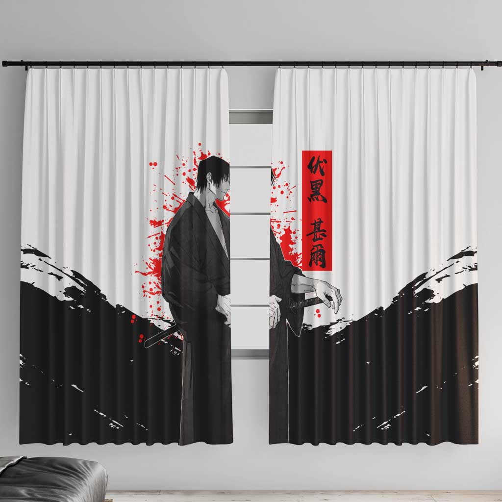 Toji Fushiguro Jujutsu Kaisen Samurai Theme Window Curtain with Katana, Red Kanji and Oni Mask Artwork - The Mazicc