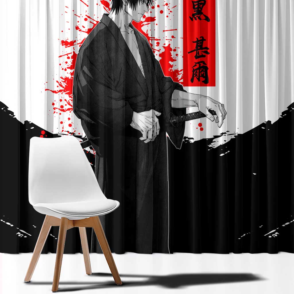 Toji Fushiguro Jujutsu Kaisen Samurai Theme Window Curtain with Katana, Red Kanji and Oni Mask Artwork - The Mazicc