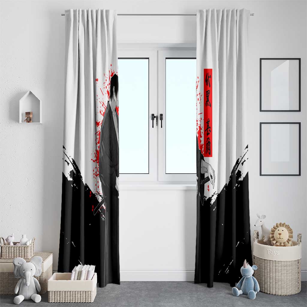 Toji Fushiguro Jujutsu Kaisen Samurai Theme Window Curtain with Katana, Red Kanji and Oni Mask Artwork - The Mazicc