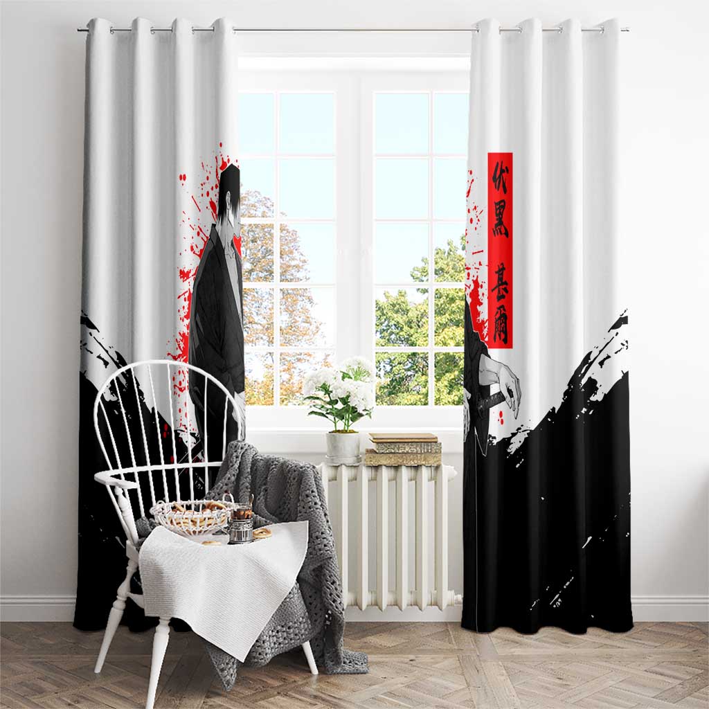 Toji Fushiguro Jujutsu Kaisen Samurai Theme Window Curtain with Katana, Red Kanji and Oni Mask Artwork - The Mazicc
