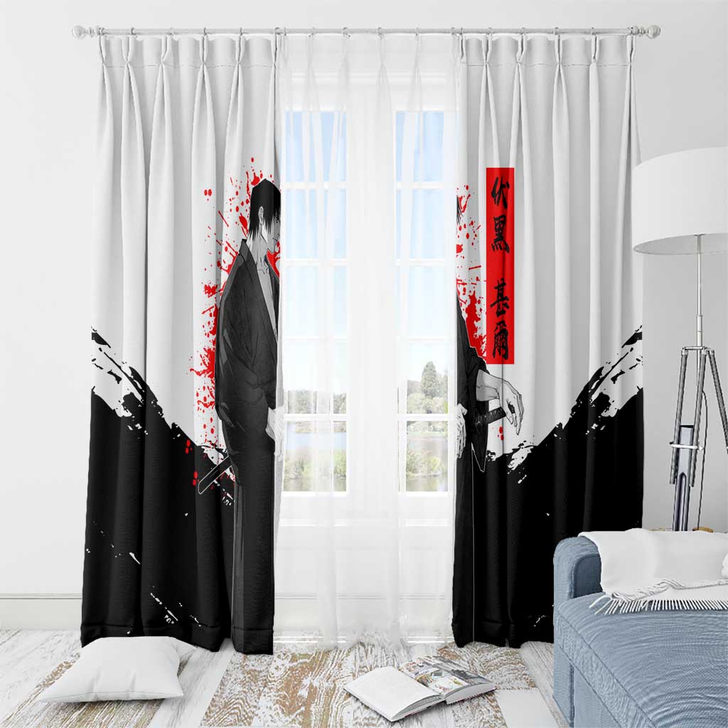 Toji Fushiguro Jujutsu Kaisen Samurai Theme Window Curtain with Katana, Red Kanji and Oni Mask Artwork - The Mazicc
