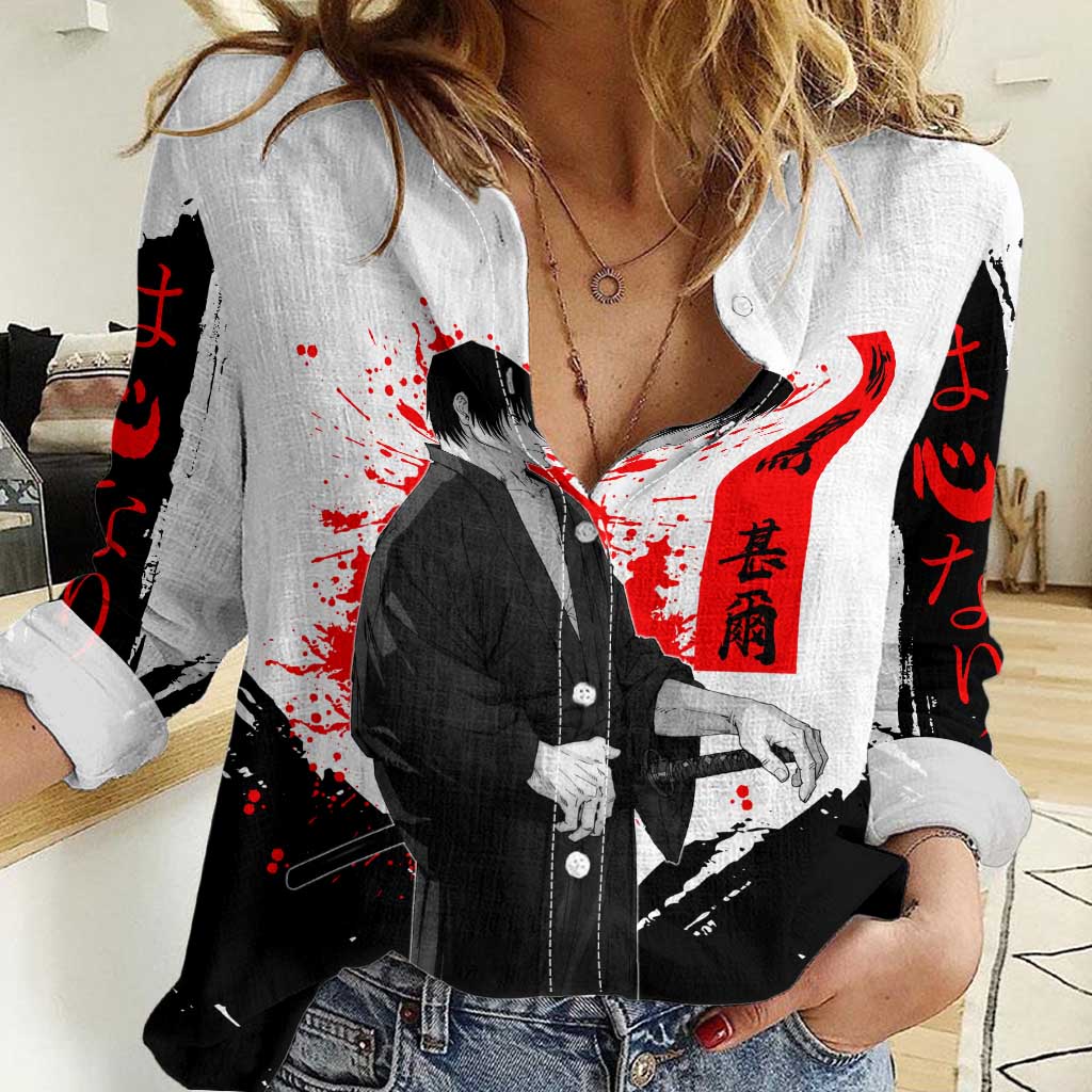 Toji Fushiguro Jujutsu Kaisen Samurai Theme Women Casual Shirt with Katana, Red Kanji and Oni Mask Artwork - The Mazicc