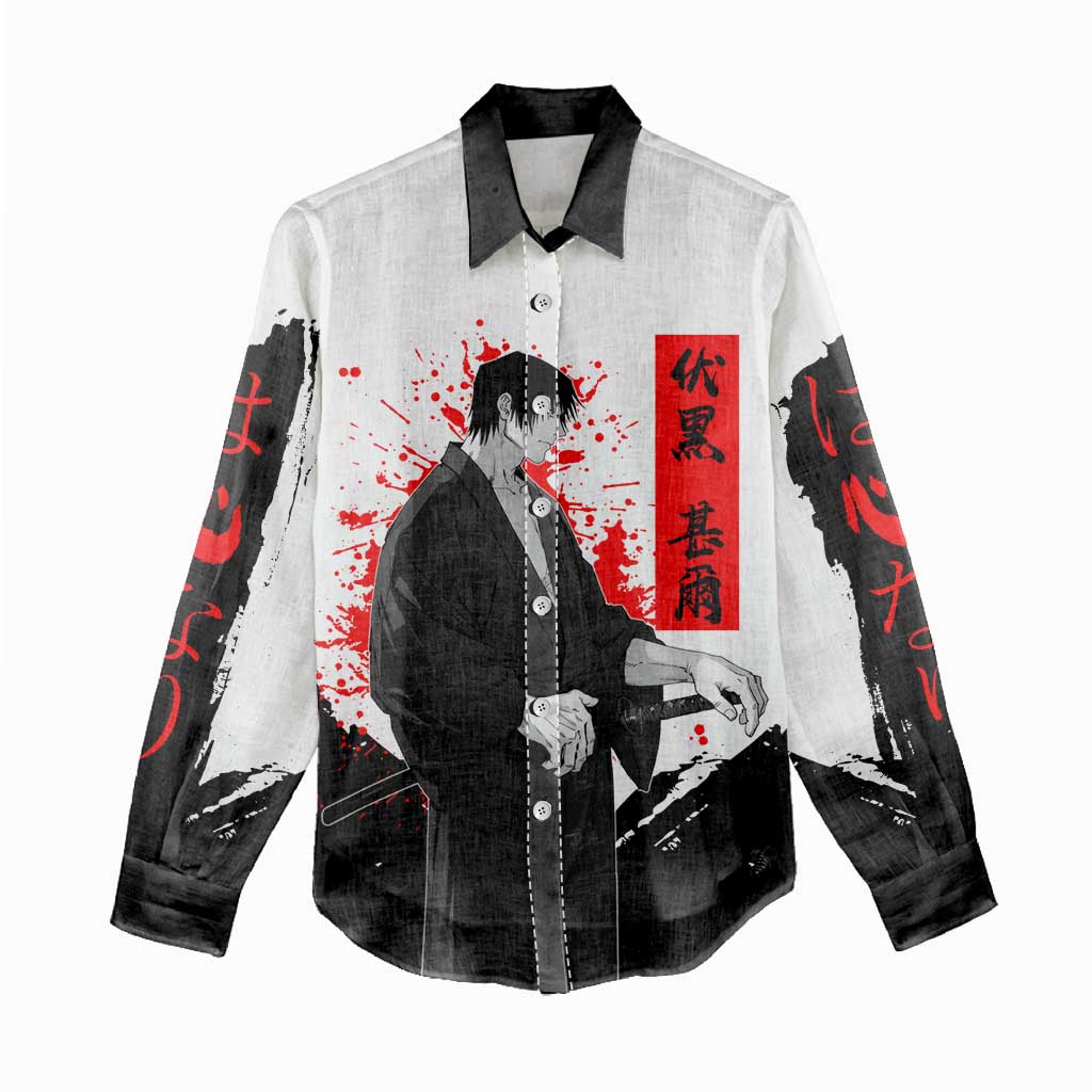 Toji Fushiguro Jujutsu Kaisen Samurai Theme Women Casual Shirt with Katana, Red Kanji and Oni Mask Artwork - The Mazicc