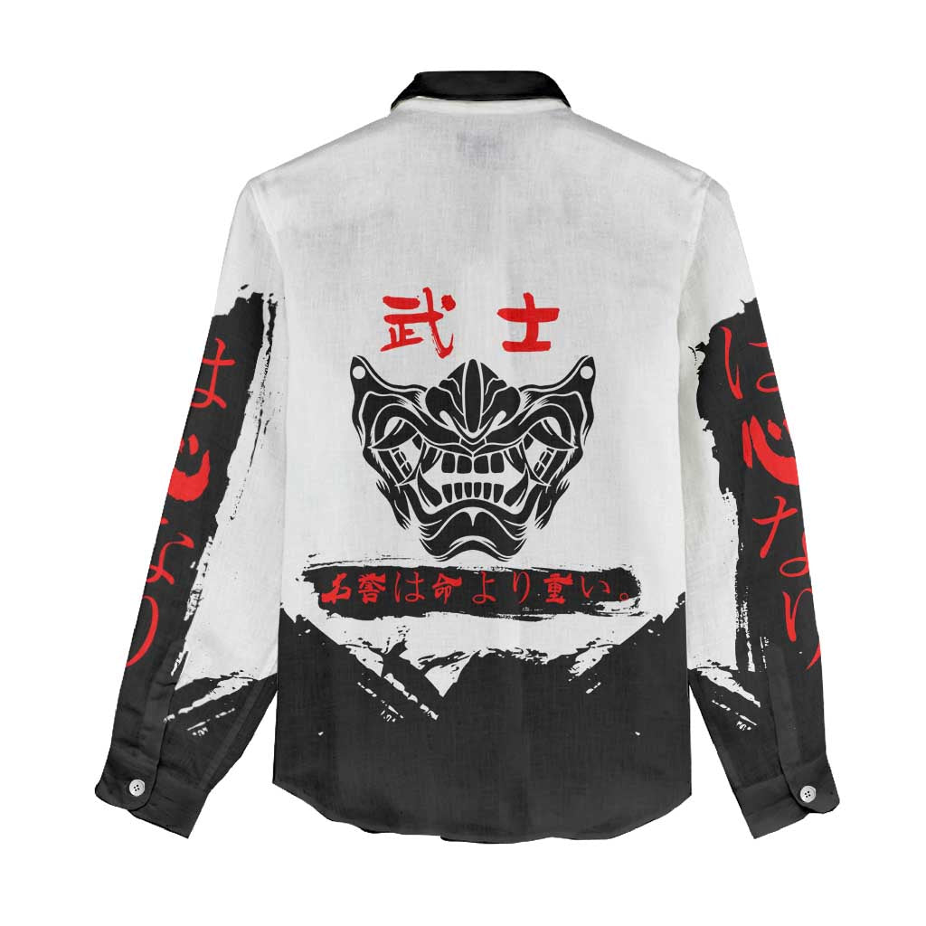 Toji Fushiguro Jujutsu Kaisen Samurai Theme Women Casual Shirt with Katana, Red Kanji and Oni Mask Artwork - The Mazicc
