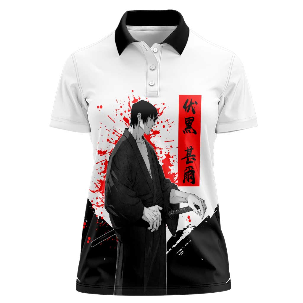Toji Fushiguro Jujutsu Kaisen Samurai Theme Women Polo Shirt with Katana, Red Kanji and Oni Mask Artwork - The Mazicc