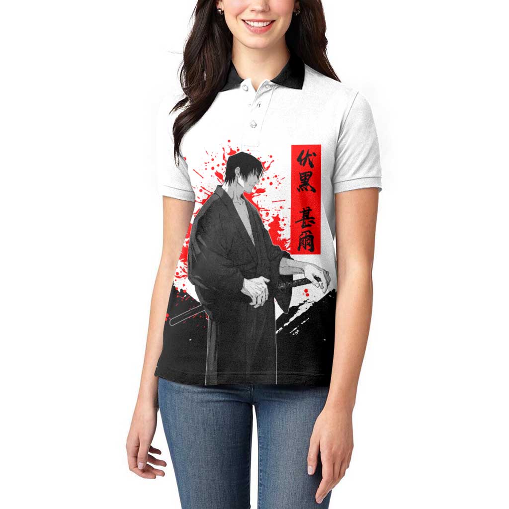 Toji Fushiguro Jujutsu Kaisen Samurai Theme Women Polo Shirt with Katana, Red Kanji and Oni Mask Artwork - The Mazicc
