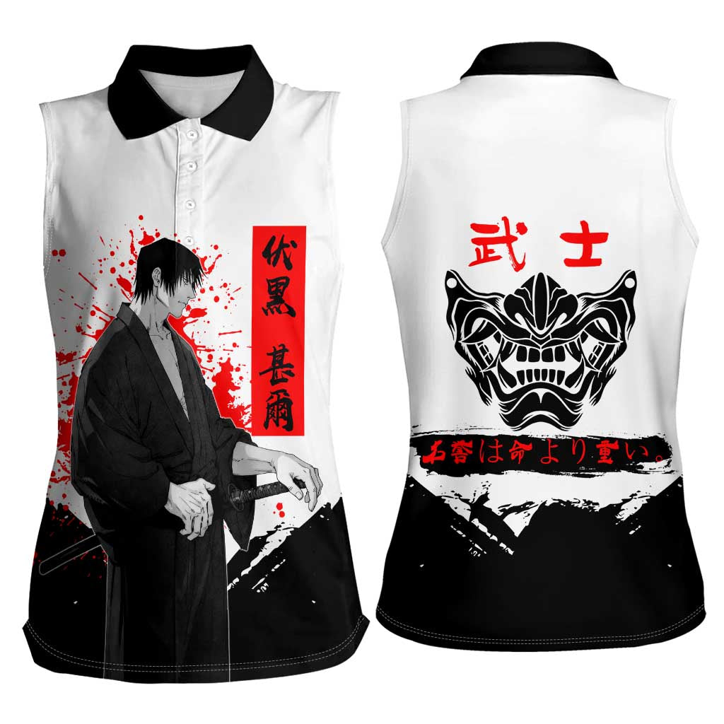 Toji Fushiguro Jujutsu Kaisen Samurai Theme Women Sleeveless Polo Shirt with Katana, Red Kanji and Oni Mask Artwork - The Mazicc