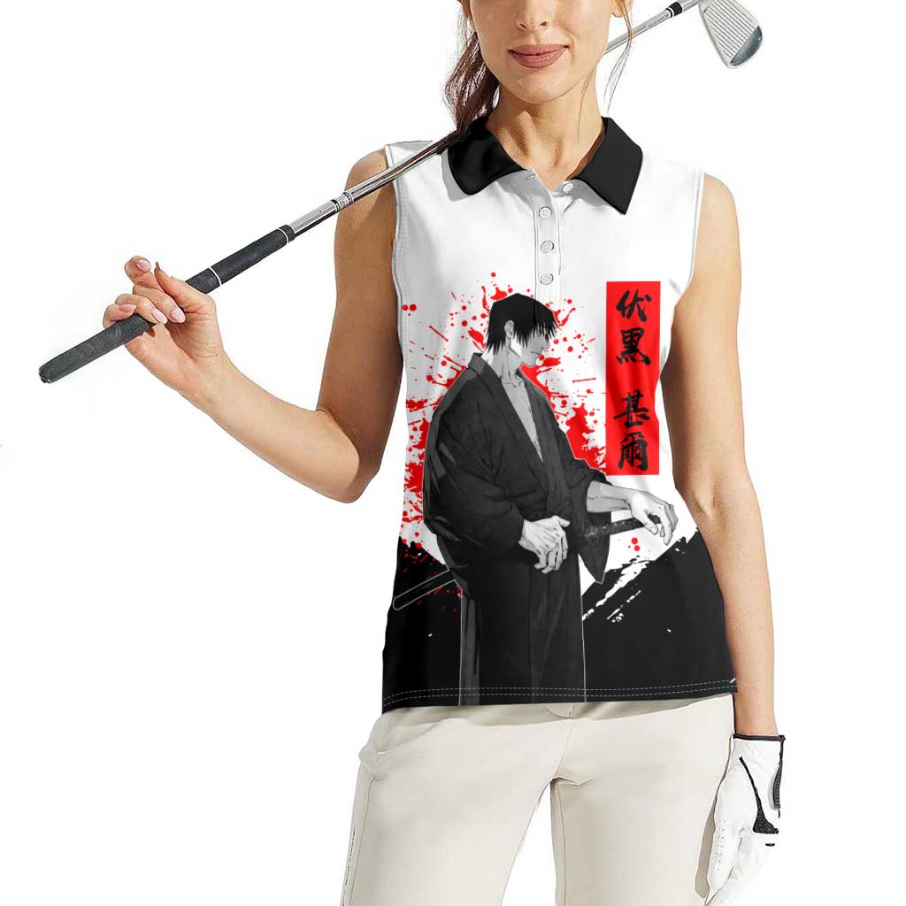 Toji Fushiguro Jujutsu Kaisen Samurai Theme Women Sleeveless Polo Shirt with Katana, Red Kanji and Oni Mask Artwork - The Mazicc
