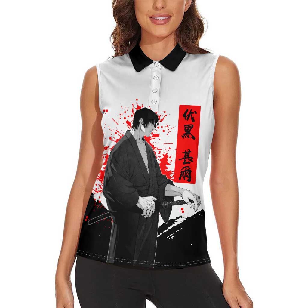 Toji Fushiguro Jujutsu Kaisen Samurai Theme Women Sleeveless Polo Shirt with Katana, Red Kanji and Oni Mask Artwork - The Mazicc