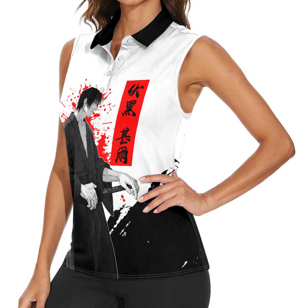 Toji Fushiguro Jujutsu Kaisen Samurai Theme Women Sleeveless Polo Shirt with Katana, Red Kanji and Oni Mask Artwork - The Mazicc