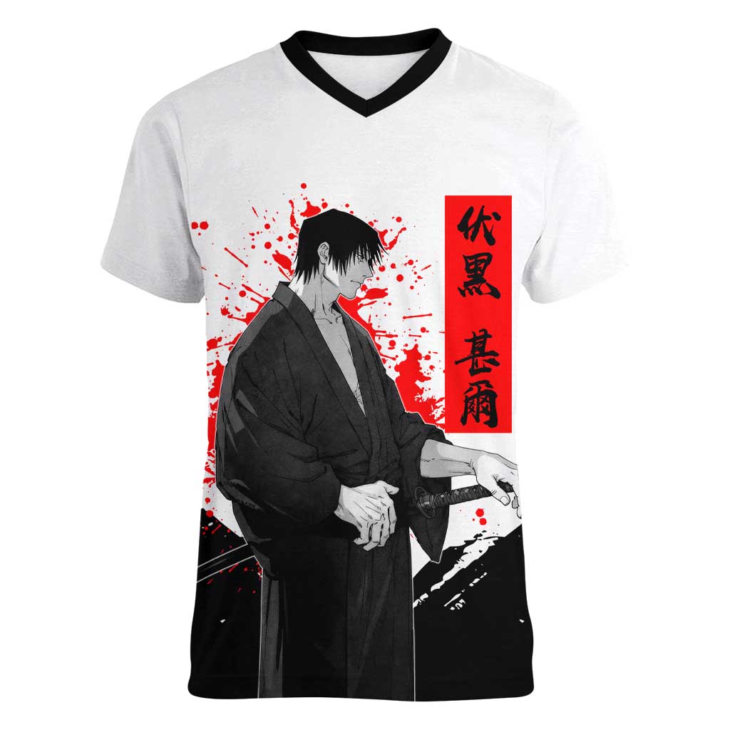 Toji Fushiguro Jujutsu Kaisen Samurai Theme Women V-Neck T-Shirt with Katana, Red Kanji and Oni Mask Artwork - The Mazicc