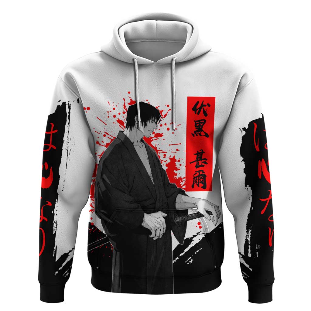 Toji Fushiguro Jujutsu Kaisen Samurai Theme Zip Hoodie with Katana, Red Kanji and Oni Mask Artwork - The Mazicc