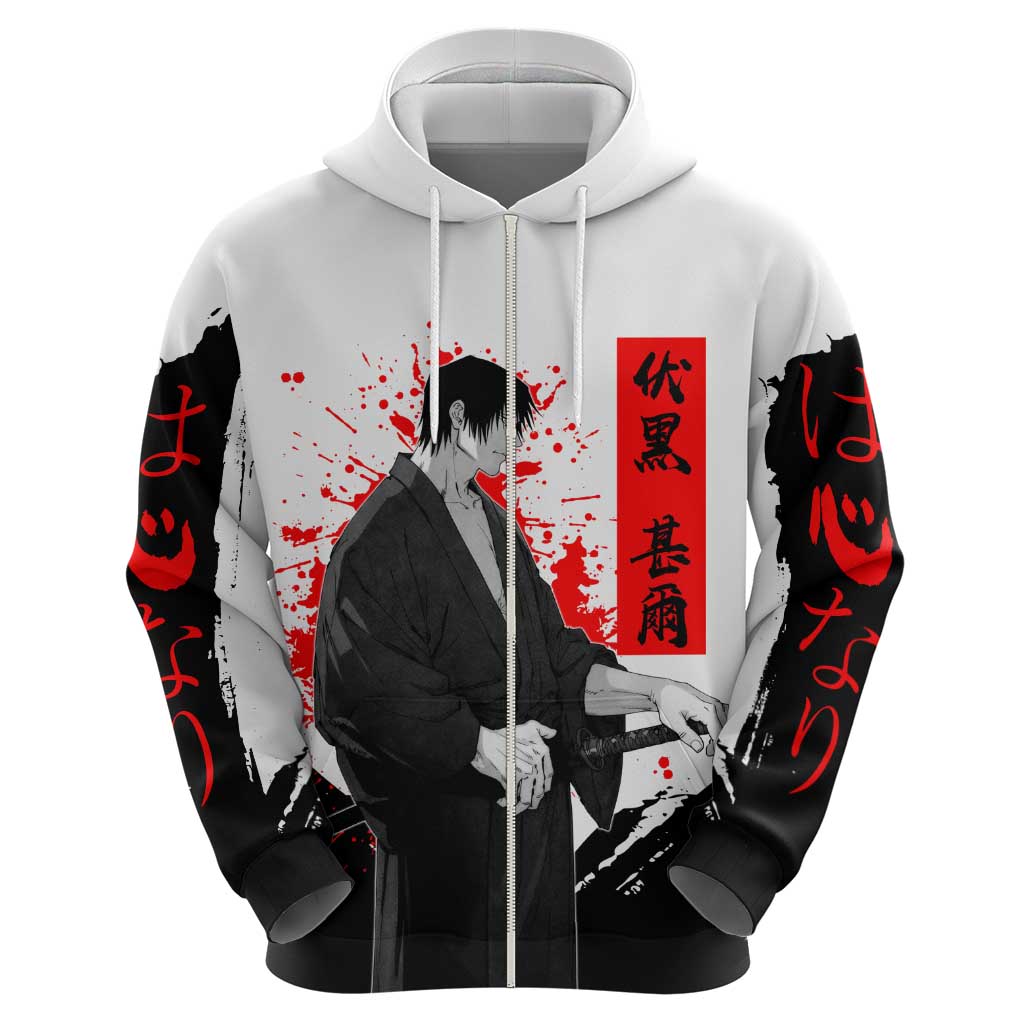 Toji Fushiguro Jujutsu Kaisen Samurai Theme Zip Hoodie with Katana, Red Kanji and Oni Mask Artwork - The Mazicc