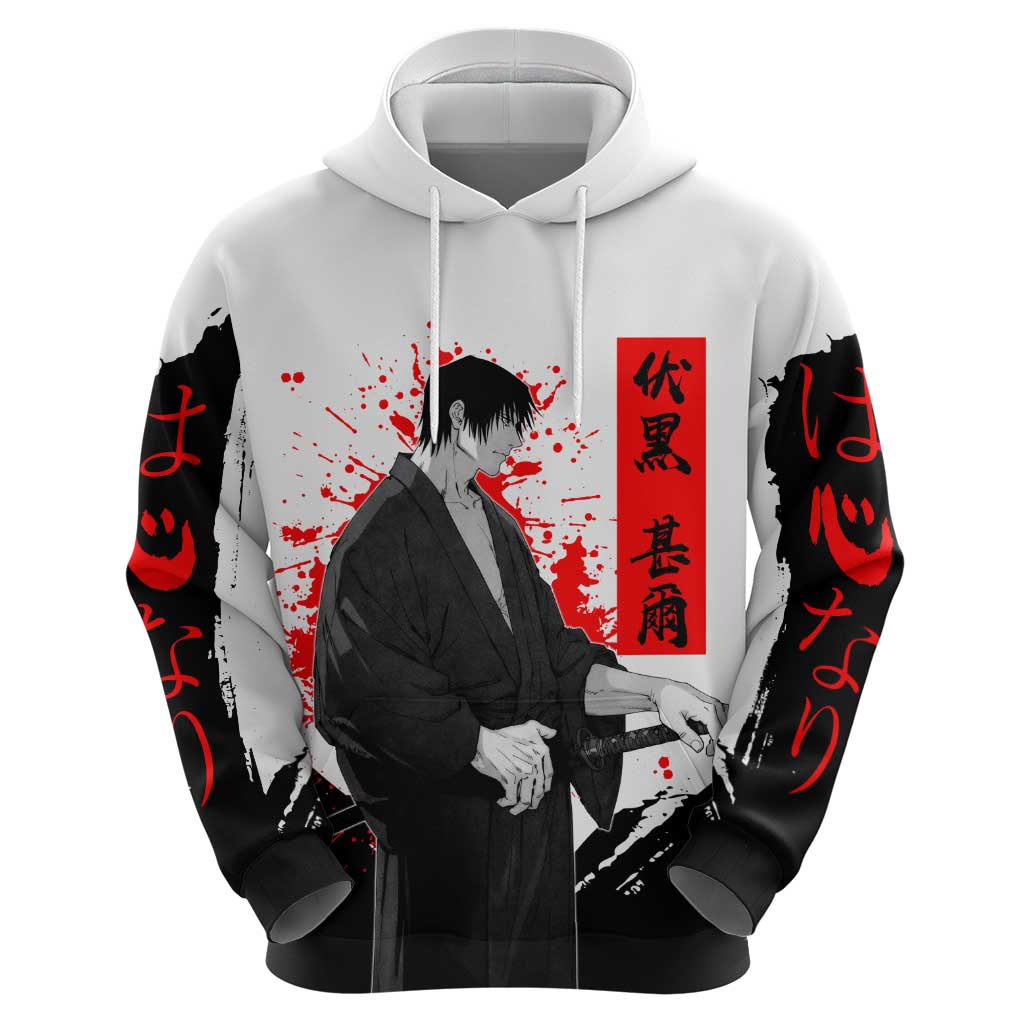 Toji Fushiguro Jujutsu Kaisen Samurai Theme Zip Hoodie with Katana, Red Kanji and Oni Mask Artwork - The Mazicc
