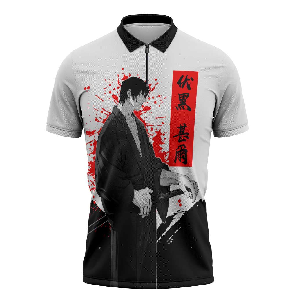 Toji Fushiguro Jujutsu Kaisen Samurai Theme Zipper Polo Shirt with Katana, Red Kanji and Oni Mask Artwork - The Mazicc