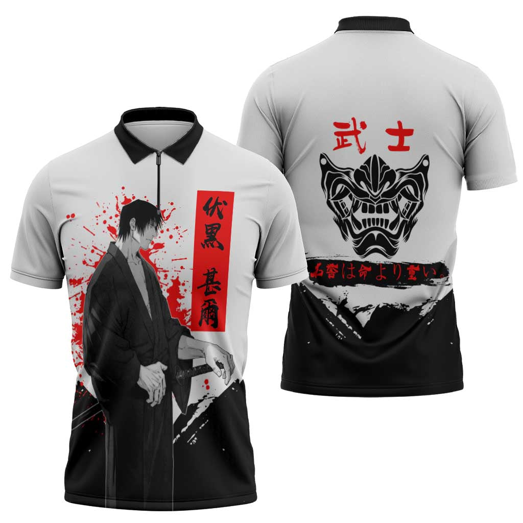 Toji Fushiguro Jujutsu Kaisen Samurai Theme Zipper Polo Shirt with Katana, Red Kanji and Oni Mask Artwork - The Mazicc