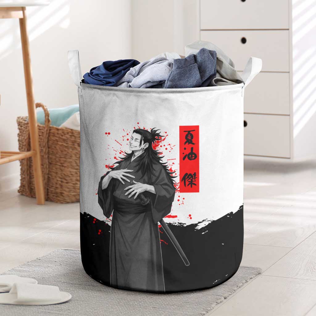 Suguru Geto Jujutsu Kaisen Samurai Style Laundry Basket with Katana, Red Kanji Accents and Oni Mask Graphic - The Mazicc