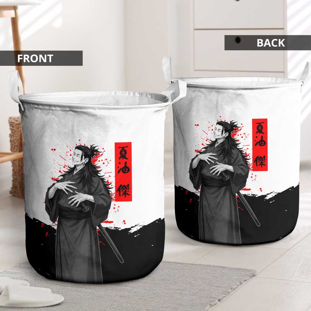 Suguru Geto Jujutsu Kaisen Samurai Style Laundry Basket with Katana, Red Kanji Accents and Oni Mask Graphic - The Mazicc