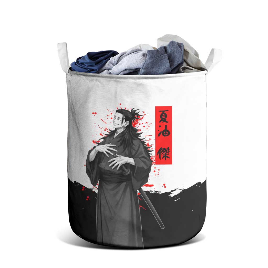 Suguru Geto Jujutsu Kaisen Samurai Style Laundry Basket with Katana, Red Kanji Accents and Oni Mask Graphic - The Mazicc