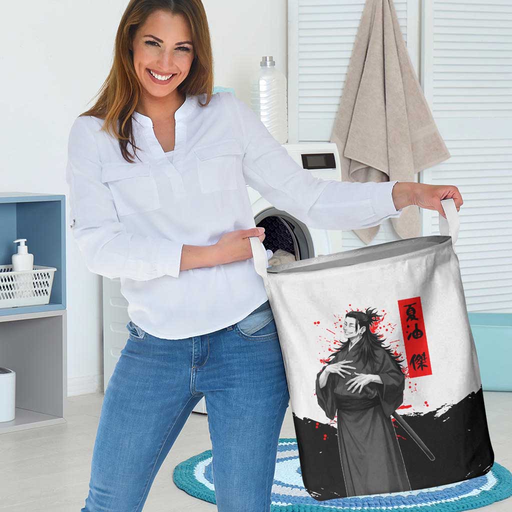 Suguru Geto Jujutsu Kaisen Samurai Style Laundry Basket with Katana, Red Kanji Accents and Oni Mask Graphic - The Mazicc