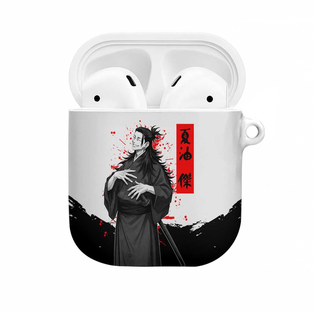 Suguru Geto Jujutsu Kaisen Samurai Style AirPods Case with Katana, Red Kanji Accents and Oni Mask Graphic - The Mazicc