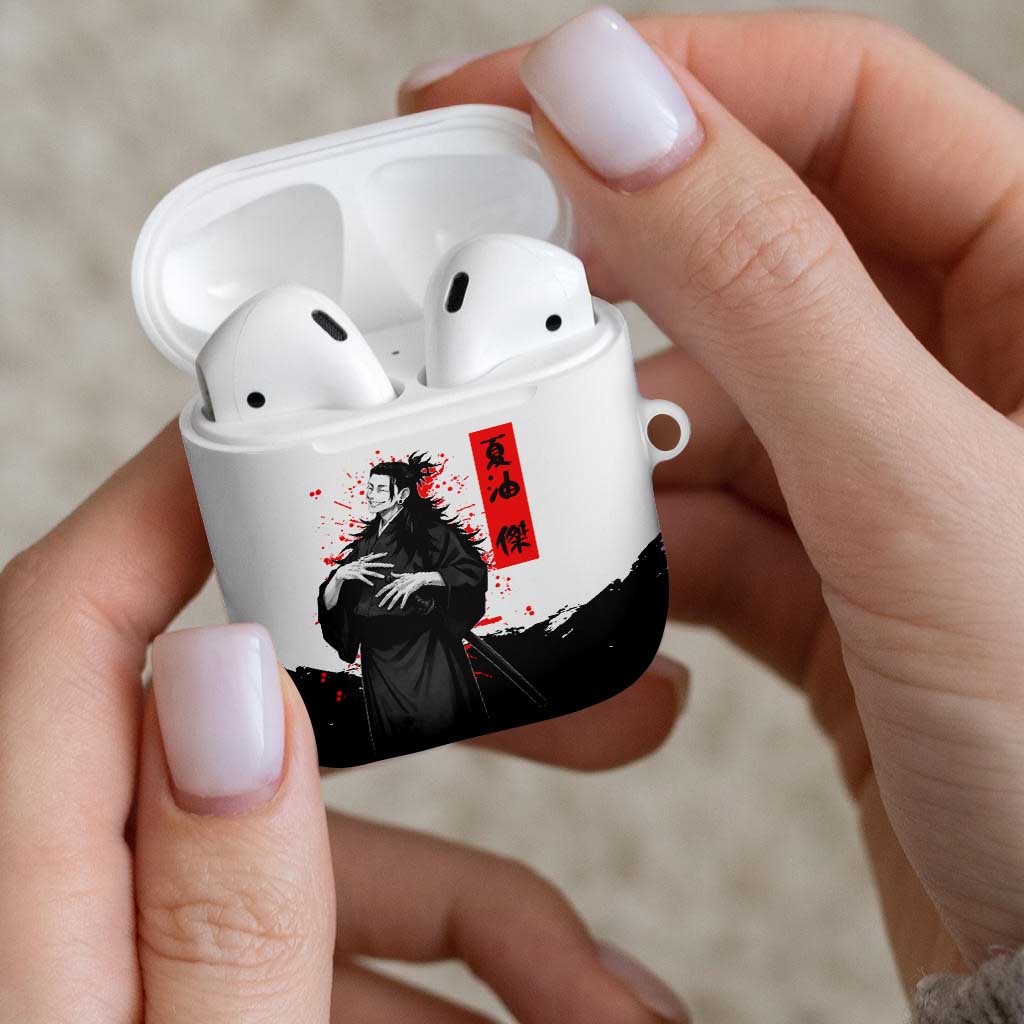 Suguru Geto Jujutsu Kaisen Samurai Style AirPods Case with Katana, Red Kanji Accents and Oni Mask Graphic - The Mazicc