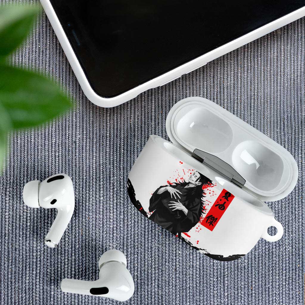 Suguru Geto Jujutsu Kaisen Samurai Style AirPods Case with Katana, Red Kanji Accents and Oni Mask Graphic - The Mazicc