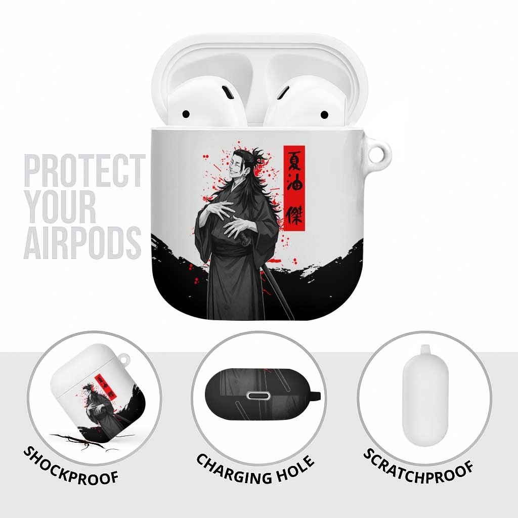 Suguru Geto Jujutsu Kaisen Samurai Style AirPods Case with Katana, Red Kanji Accents and Oni Mask Graphic - The Mazicc