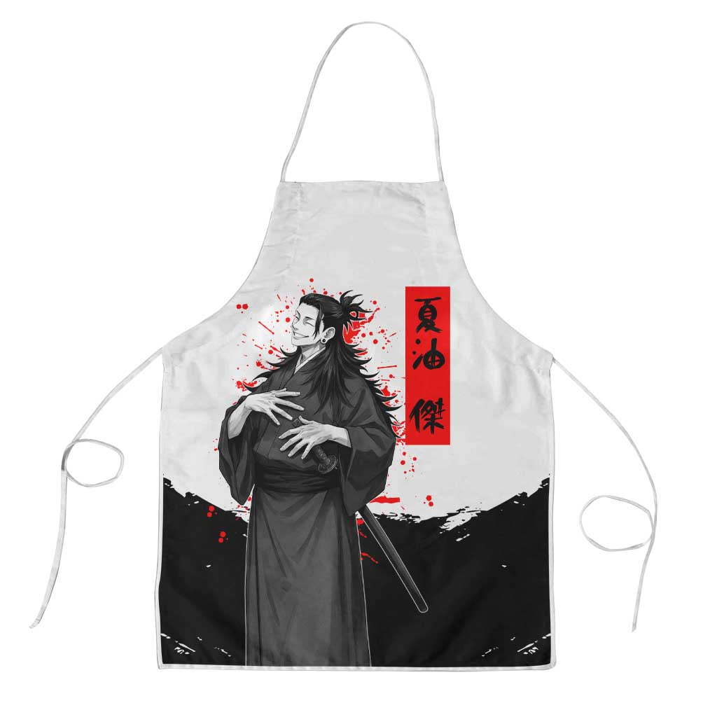 Suguru Geto Jujutsu Kaisen Samurai Style Apron with Katana, Red Kanji Accents and Oni Mask Graphic - The Mazicc