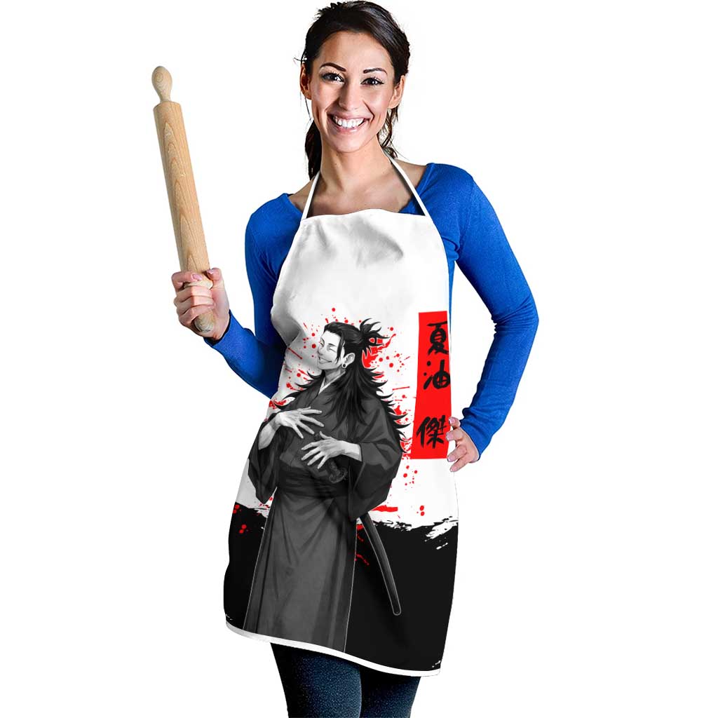 Suguru Geto Jujutsu Kaisen Samurai Style Apron with Katana, Red Kanji Accents and Oni Mask Graphic - The Mazicc