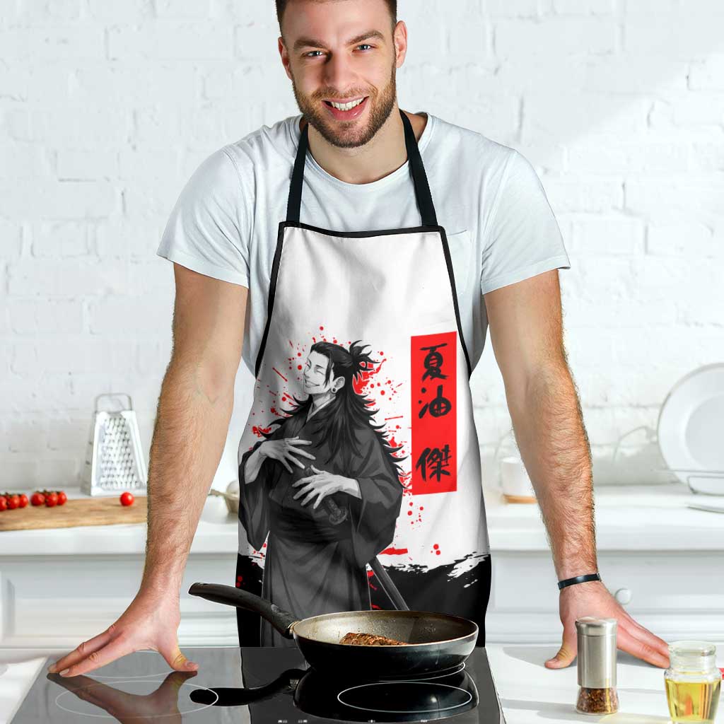Suguru Geto Jujutsu Kaisen Samurai Style Apron with Katana, Red Kanji Accents and Oni Mask Graphic - The Mazicc