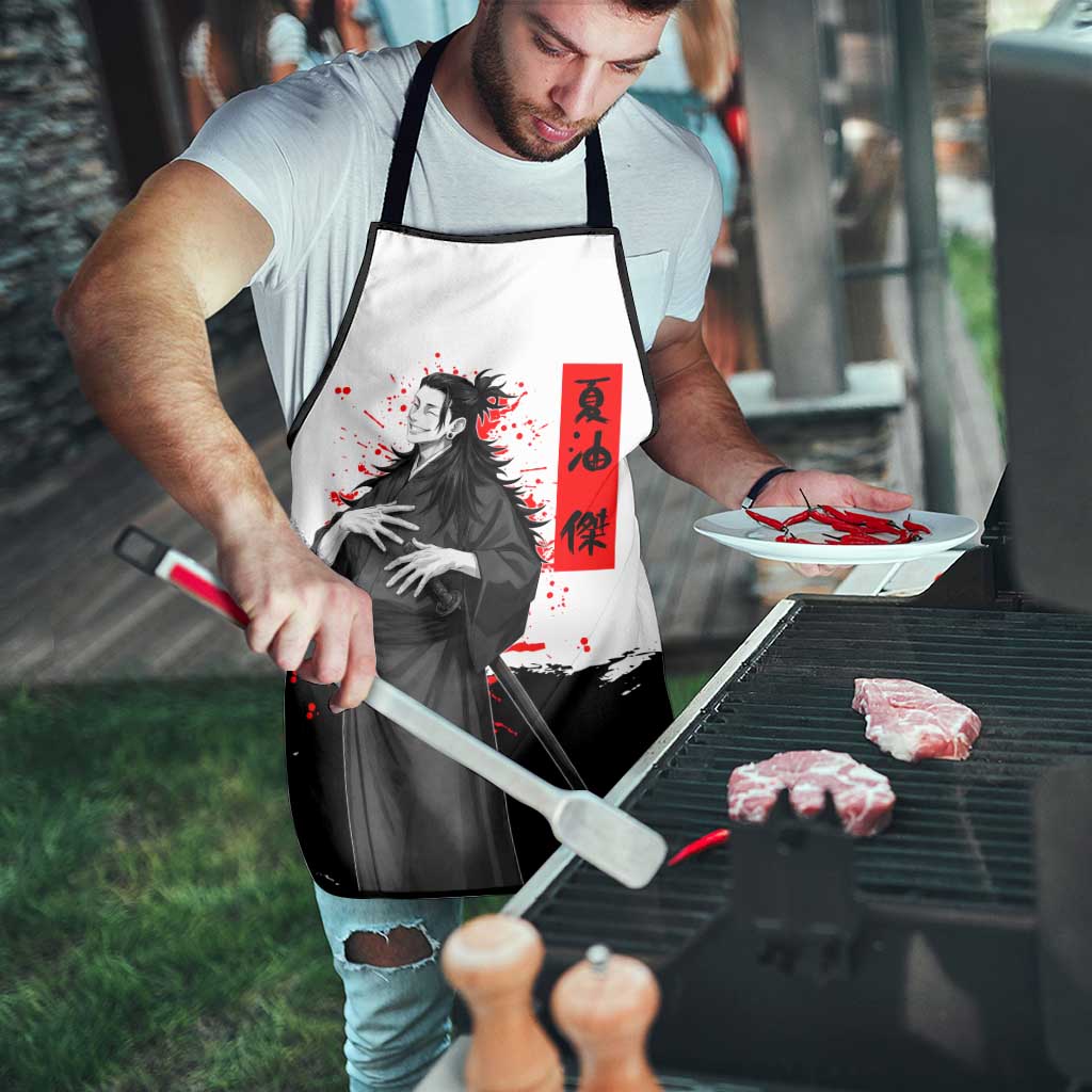 Suguru Geto Jujutsu Kaisen Samurai Style Apron with Katana, Red Kanji Accents and Oni Mask Graphic - The Mazicc