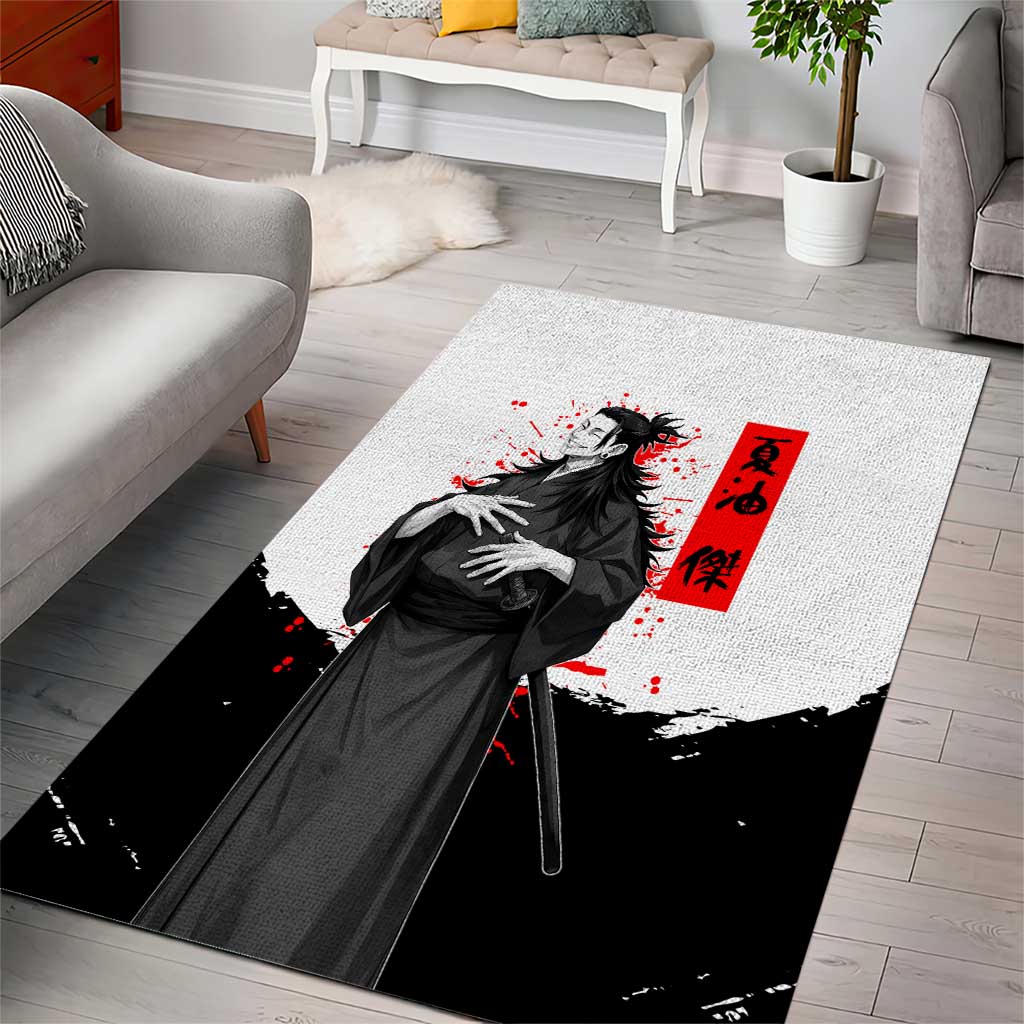 Suguru Geto Jujutsu Kaisen Samurai Style Area Rug with Katana, Red Kanji Accents and Oni Mask Graphic - The Mazicc