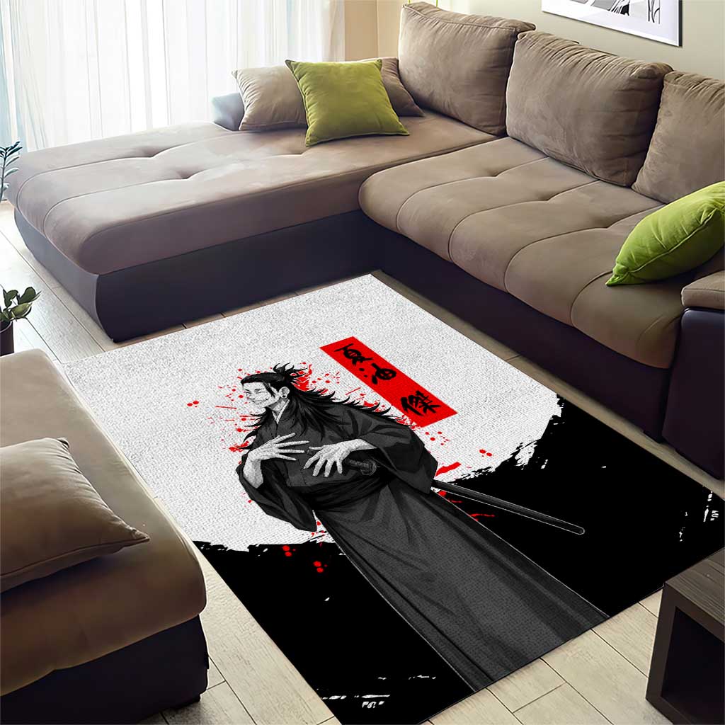 Suguru Geto Jujutsu Kaisen Samurai Style Area Rug with Katana, Red Kanji Accents and Oni Mask Graphic - The Mazicc