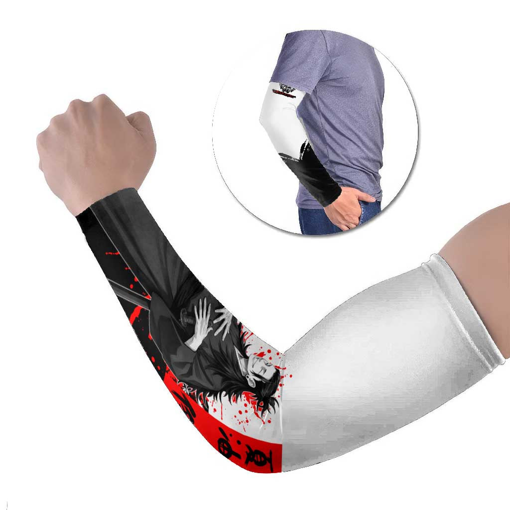 Suguru Geto Jujutsu Kaisen Samurai Style Arm Sleeves with Katana, Red Kanji Accents and Oni Mask Graphic - The Mazicc