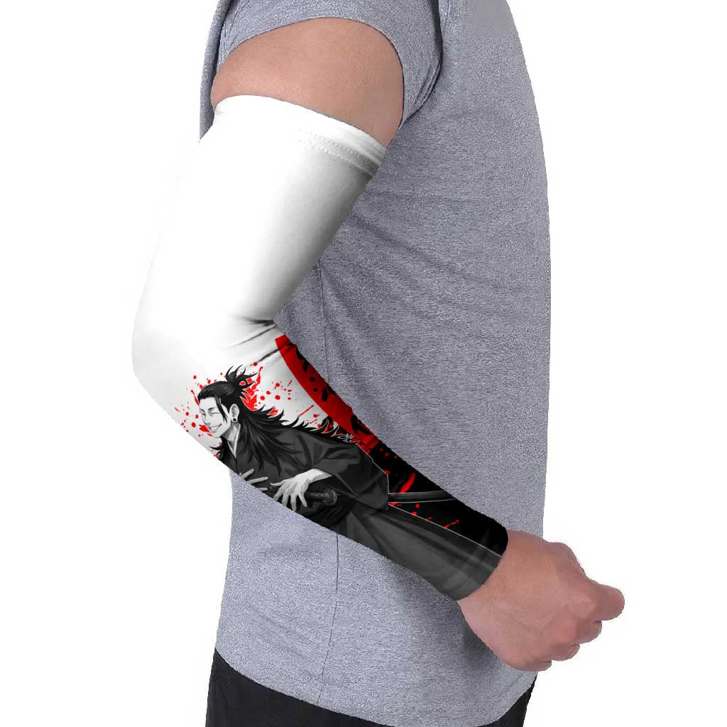 Suguru Geto Jujutsu Kaisen Samurai Style Arm Sleeves with Katana, Red Kanji Accents and Oni Mask Graphic - The Mazicc