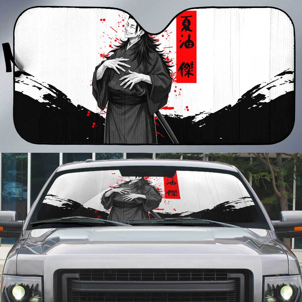Suguru Geto Jujutsu Kaisen Samurai Style Auto Sun Shade with Katana, Red Kanji Accents and Oni Mask Graphic - The Mazicc