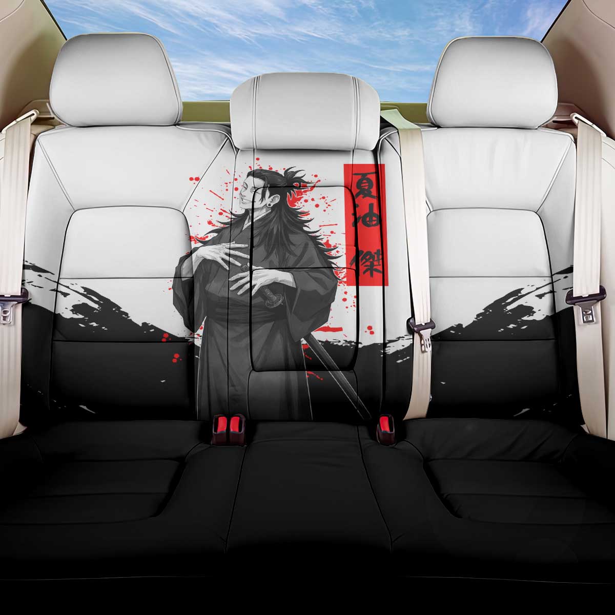 Suguru Geto Jujutsu Kaisen Samurai Style Back Car Seat Cover with Katana, Red Kanji Accents and Oni Mask Graphic - The Mazicc
