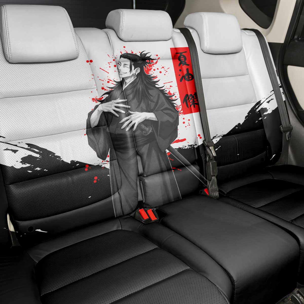 Suguru Geto Jujutsu Kaisen Samurai Style Back Car Seat Cover with Katana, Red Kanji Accents and Oni Mask Graphic - The Mazicc