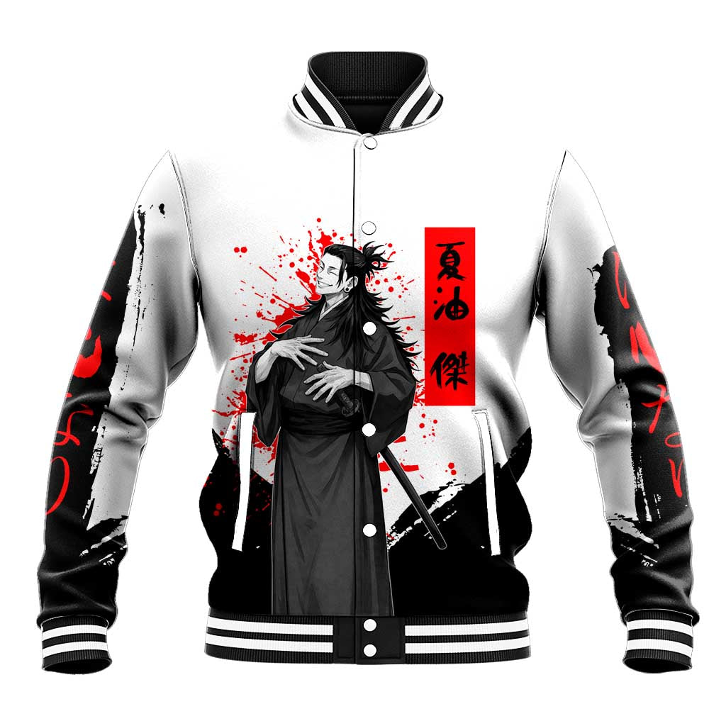 Suguru Geto Jujutsu Kaisen Samurai Style Baseball Jacket with Katana, Red Kanji Accents and Oni Mask Graphic - The Mazicc
