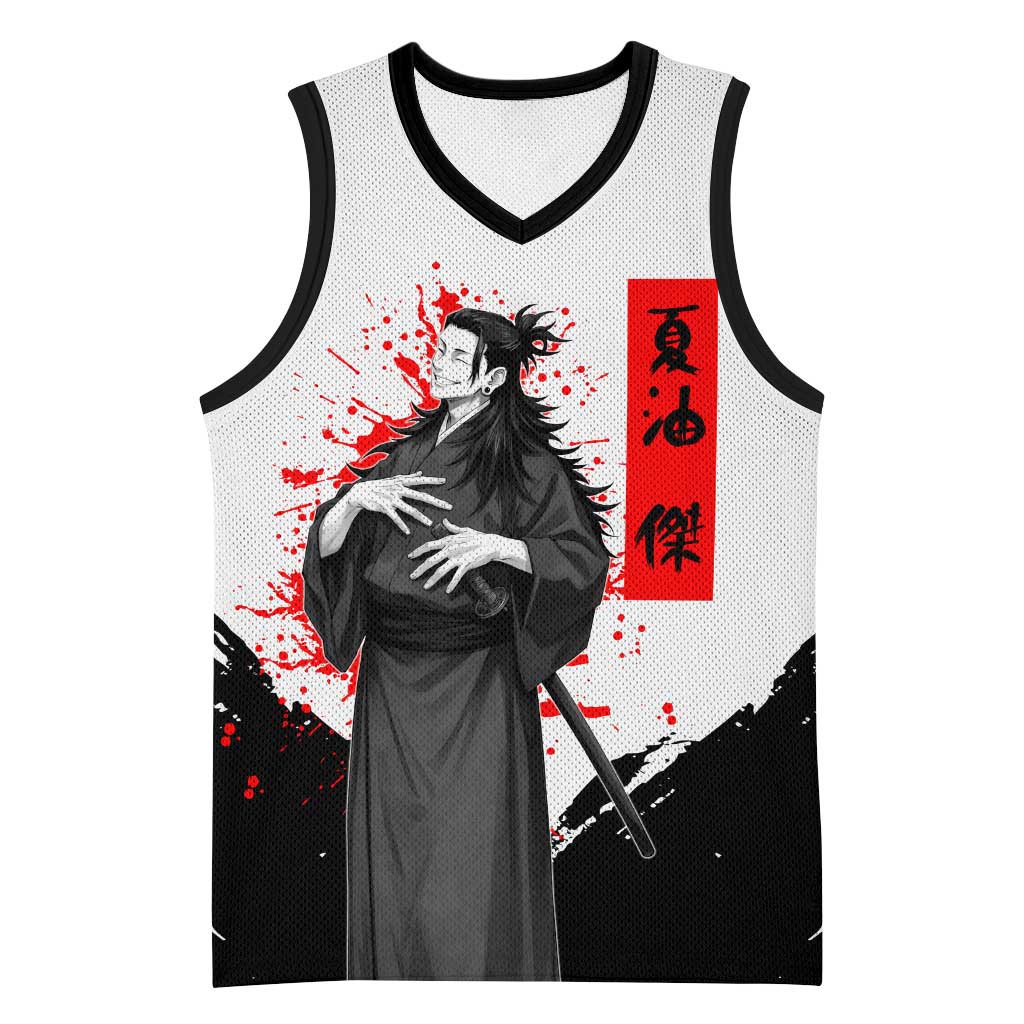Suguru Geto Jujutsu Kaisen Samurai Style Basketball Jersey with Katana, Red Kanji Accents and Oni Mask Graphic - The Mazicc