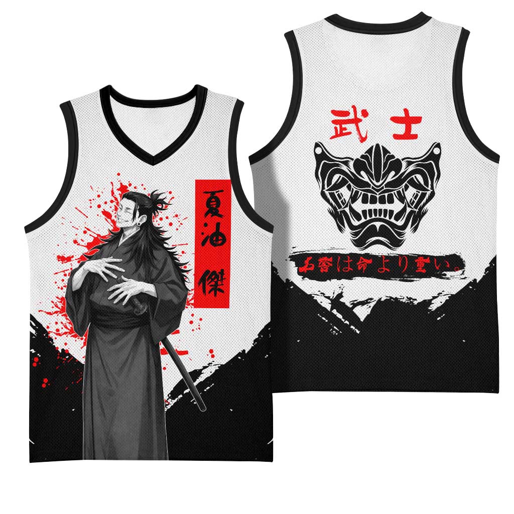 Suguru Geto Jujutsu Kaisen Samurai Style Basketball Jersey with Katana, Red Kanji Accents and Oni Mask Graphic - The Mazicc