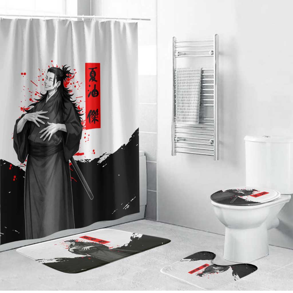 Suguru Geto Jujutsu Kaisen Samurai Style Bathroom Set with Katana, Red Kanji Accents and Oni Mask Graphic - The Mazicc