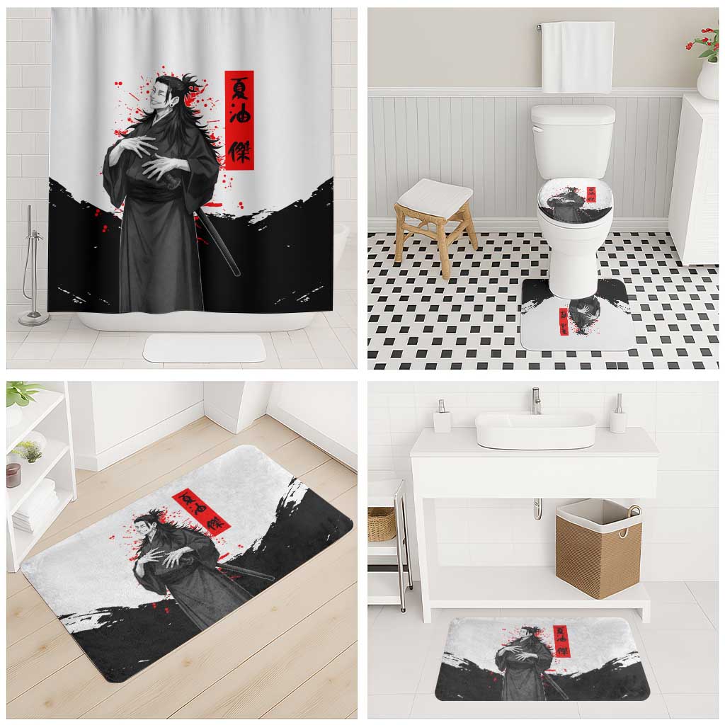 Suguru Geto Jujutsu Kaisen Samurai Style Bathroom Set with Katana, Red Kanji Accents and Oni Mask Graphic - The Mazicc