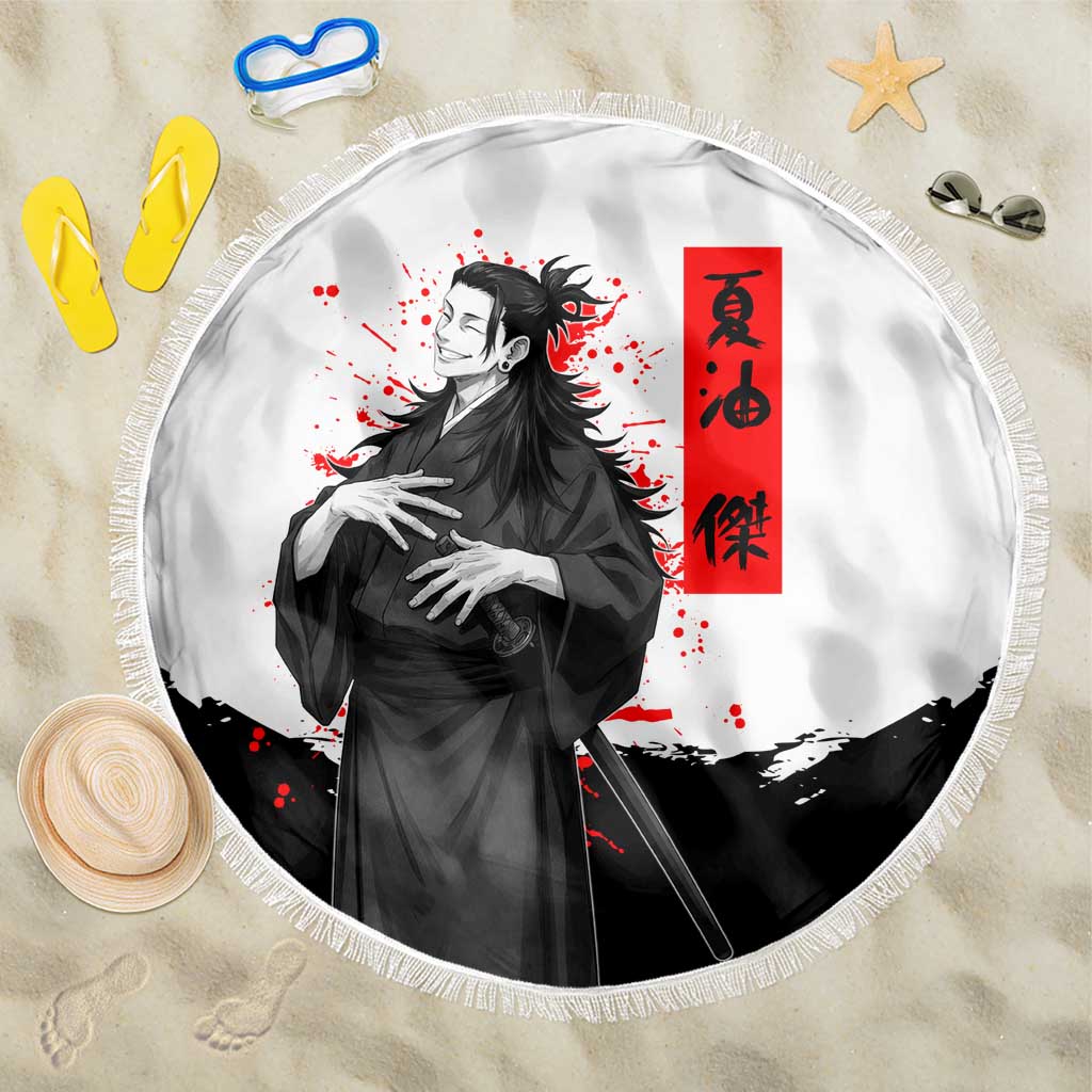 Suguru Geto Jujutsu Kaisen Samurai Style Beach Blanket with Katana, Red Kanji Accents and Oni Mask Graphic - The Mazicc